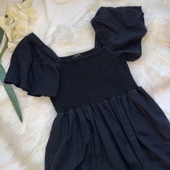 Madewell Lucie Black Smocked Square Neck Flutter Sleeve Linen Blend Midi Dress L - Picture 4 of 11